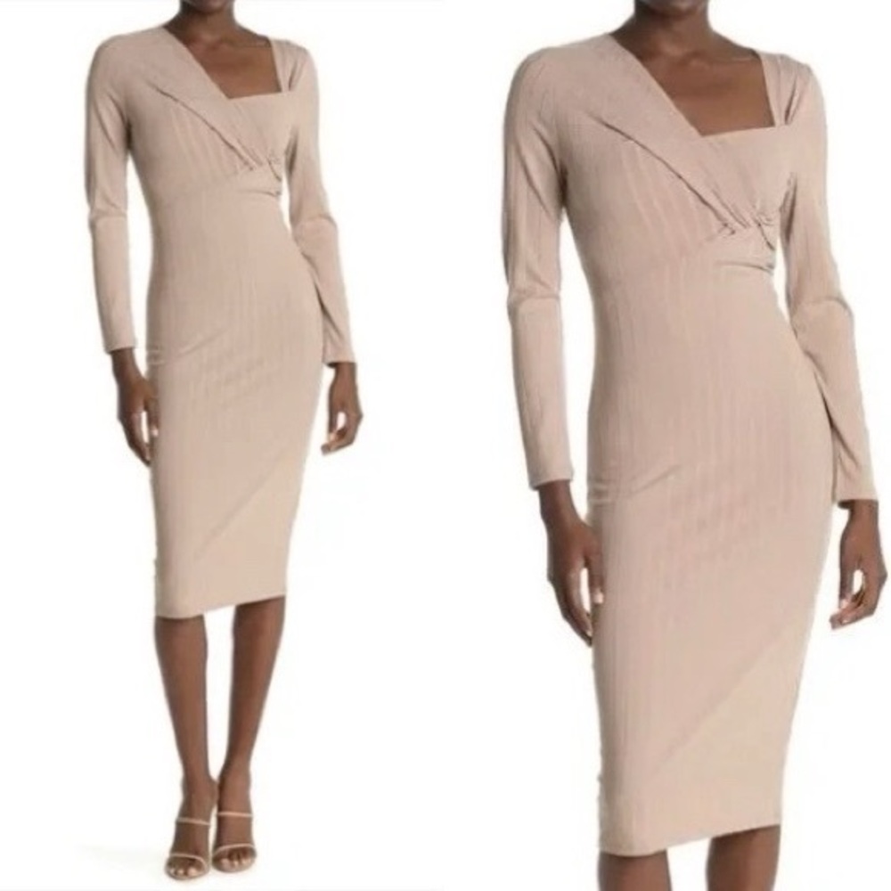 ASTR THE LABEL NEW Twist Front Long Sleeve Midi Bodycon Ribbed Dress Oatmeal M